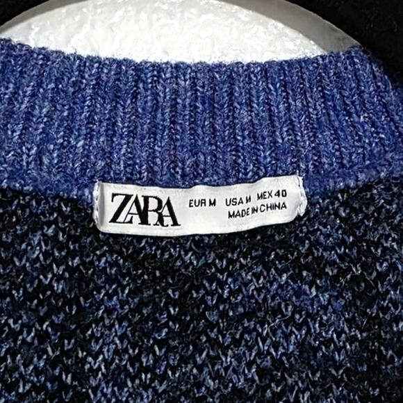 Zara Geometric Knit Vest V-Neck Sweater Pullover Wool Blend Ribbed Trim Top Blue - Picture 4 of 7